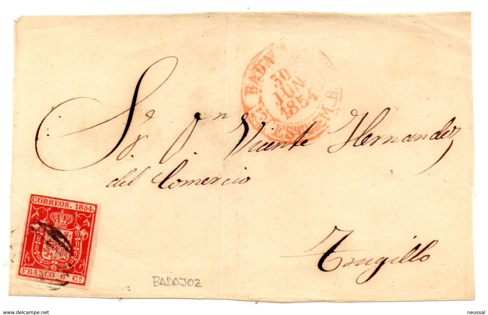 Frontal De Carta Con Matasellos Rojo Badajoz 1854 - Cartas & Documentos