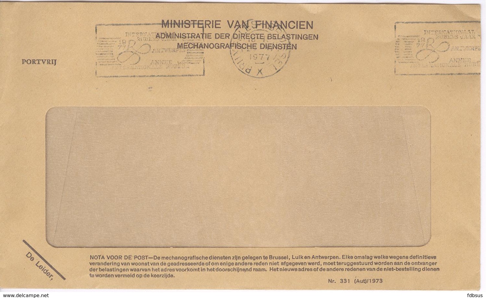 1977 Venster Enveloppe Ministerie Van Financien - Stempel Internationaal Rubens Jaar -  Zie Scan - Sellados Mecánicos