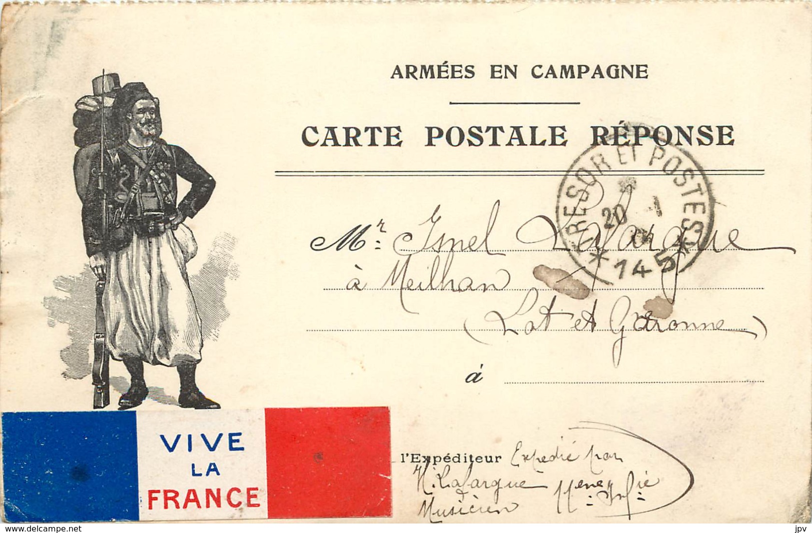 CARTE POSTALE FRANCHISE MILITAIRE - ZOUAVE - Vignette - Tricolore Rapportée - Militaria