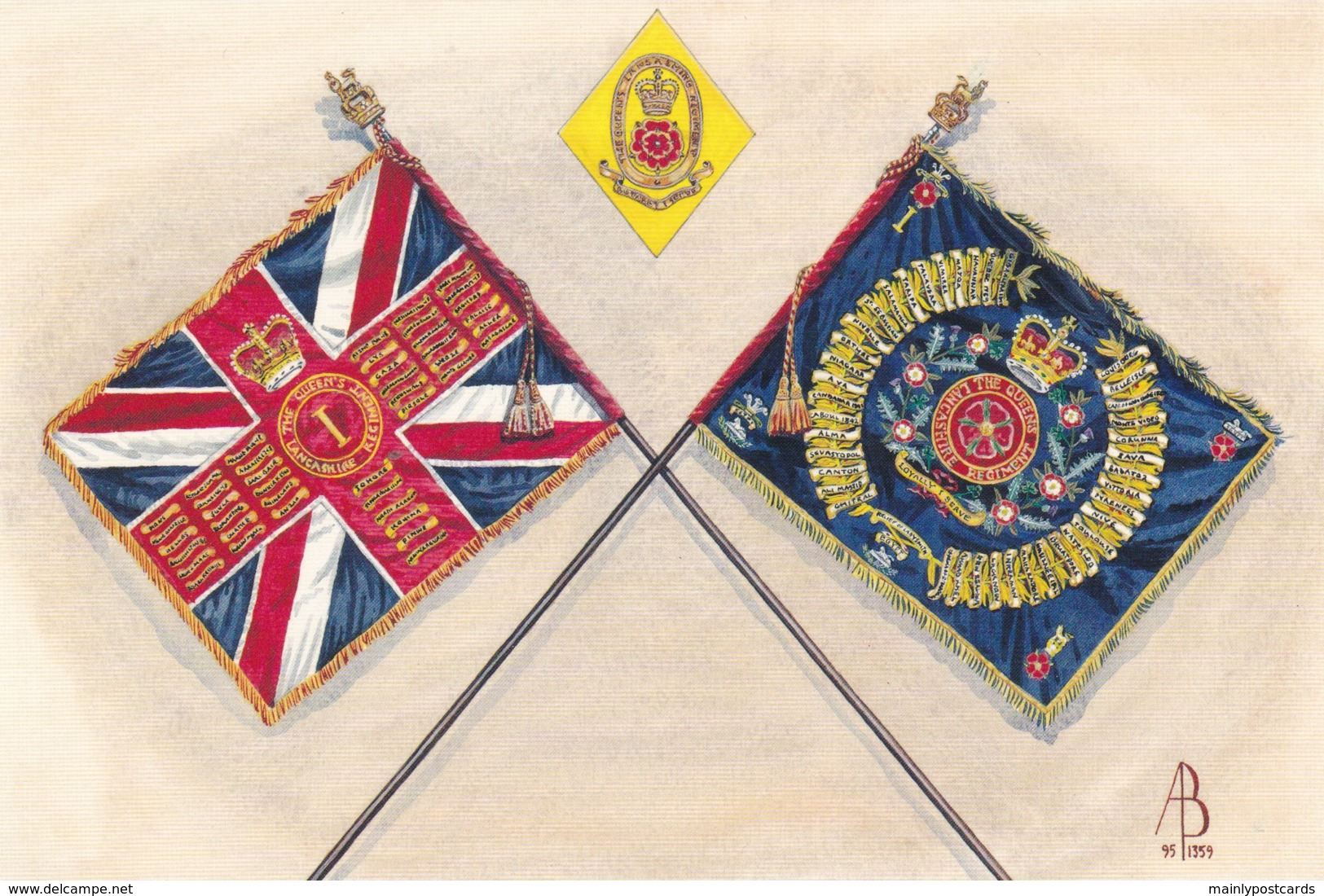 AS38 Military - Queen's Colour, Regimental Colour, Soldier's Cap Badge, 1st Bn The Queen's Lancashire Regiment - Regiments