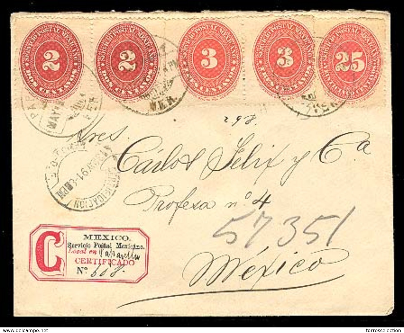 MEXICO. 1891 (May). Papantla To Mexico. Registered Envelope Franked Numeral Issue 2c(2), 3c(2) And 25c. With Label Along - Mexiko