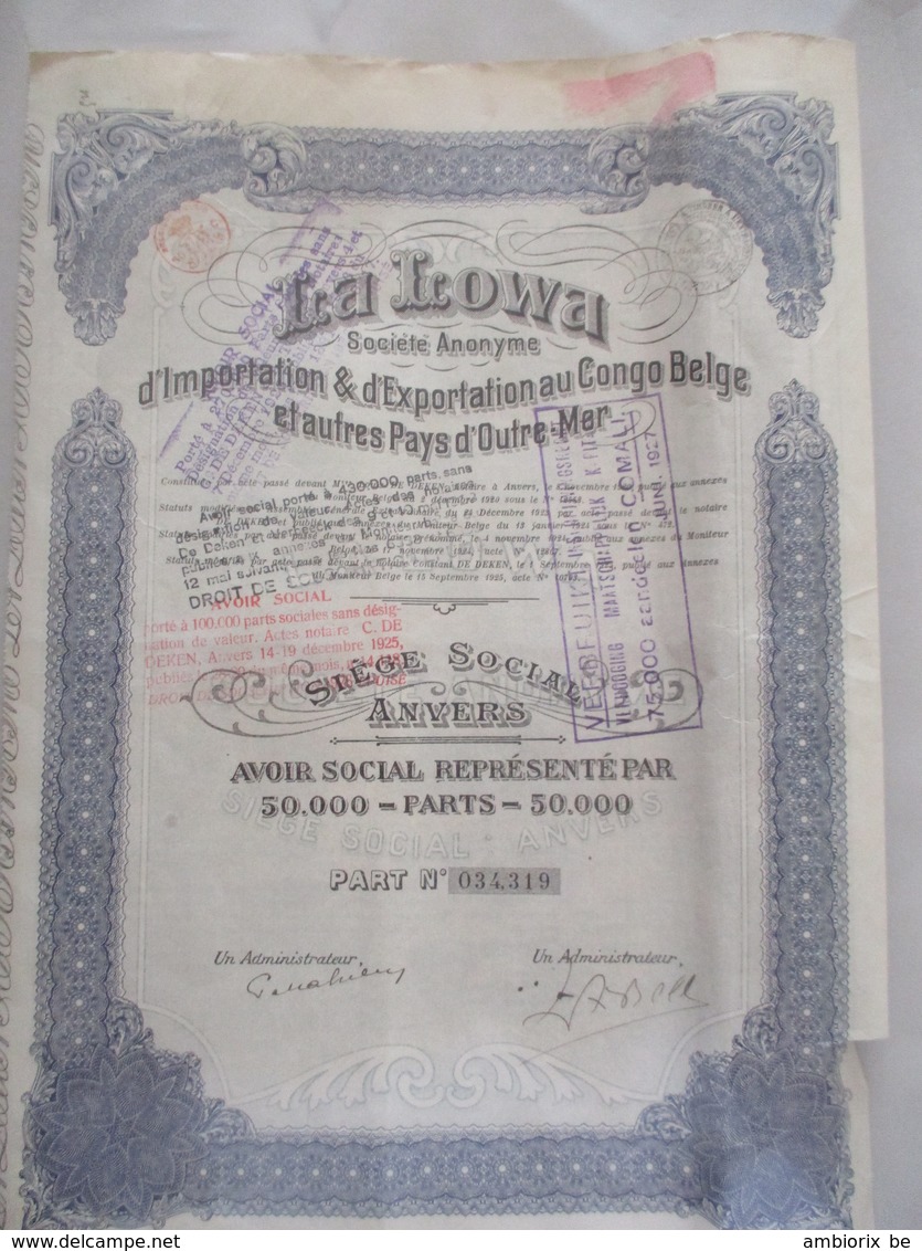 La Lowa  - Congo Belge Et Pays D'outre-mer - Anvers - 50 00 Titres - Le Titre De La Fondation De La Société - Afrika