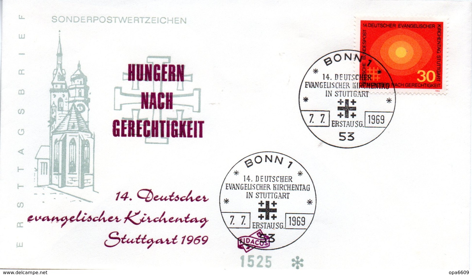 BRD Schmuck-FDC: "14. Deutscher Evangelischer Kirchentag", Mi.595 ESSt 7.7.1969 BONN 1 - Autres & Non Classés