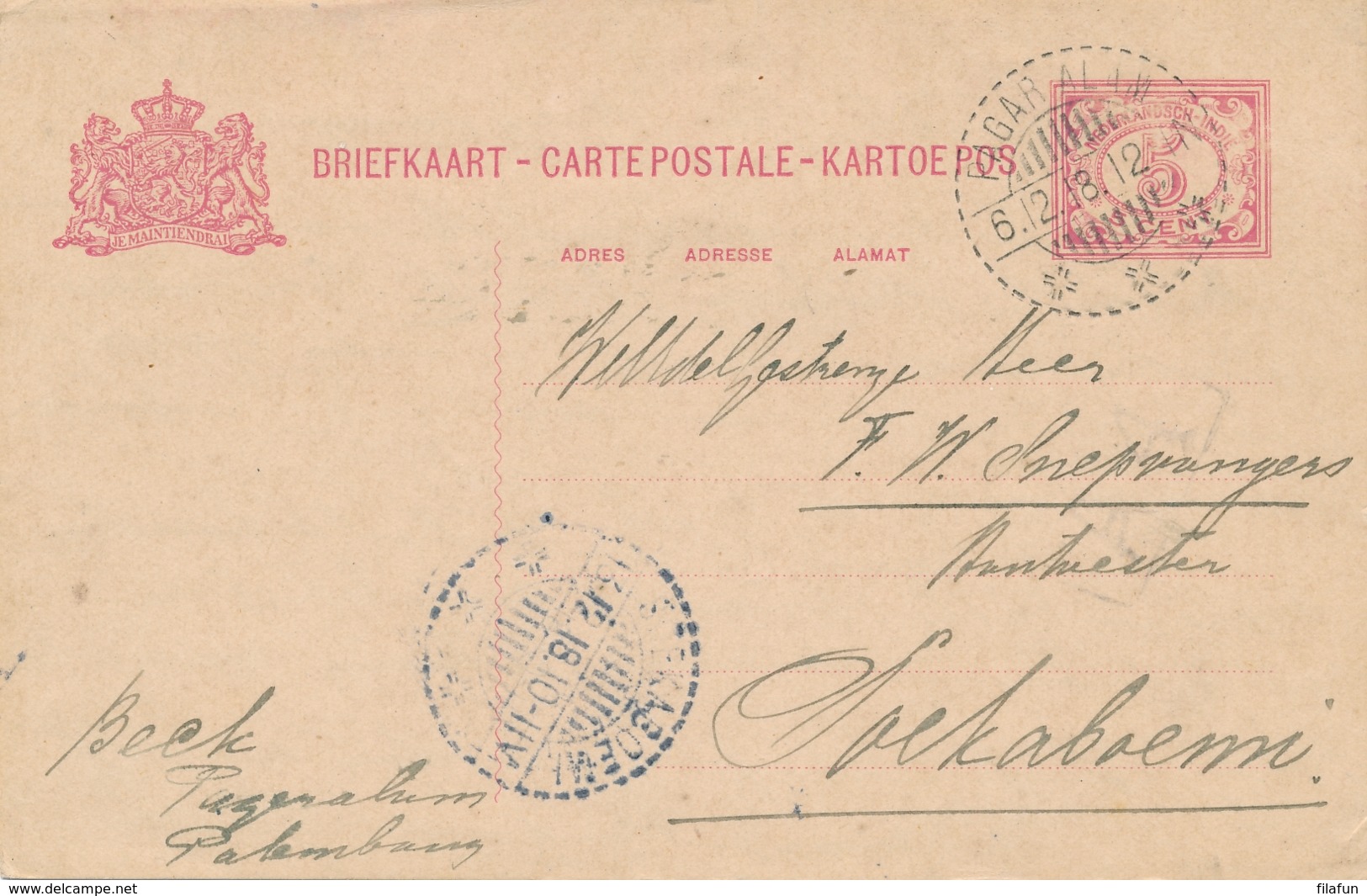 Nederlands Indië - 1918 - 5 Cent Cijfer, Briefkaart G23 Van LB PAGARALAM Naar Soekaboemi - Nederlands-Indië