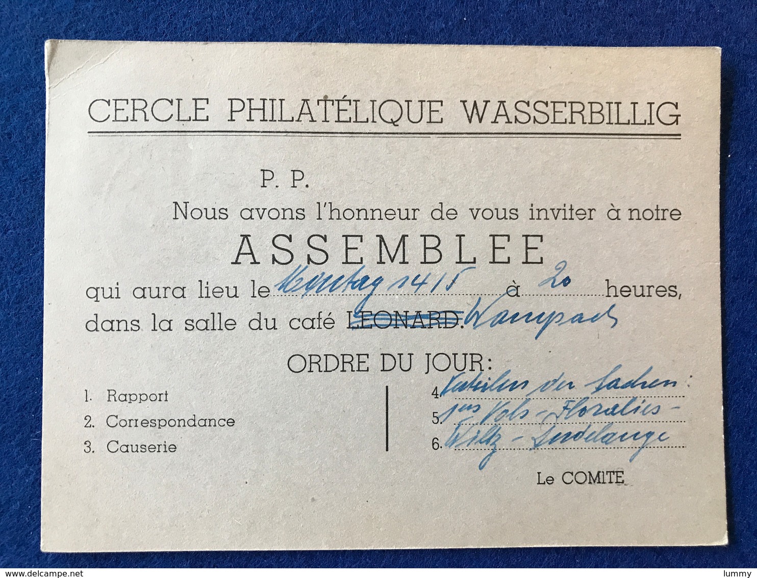 Luxembourg - Cercle Philatélique Wasserbillig - Invitation à L'Assemblée 07.05.56 - Autres & Non Classés
