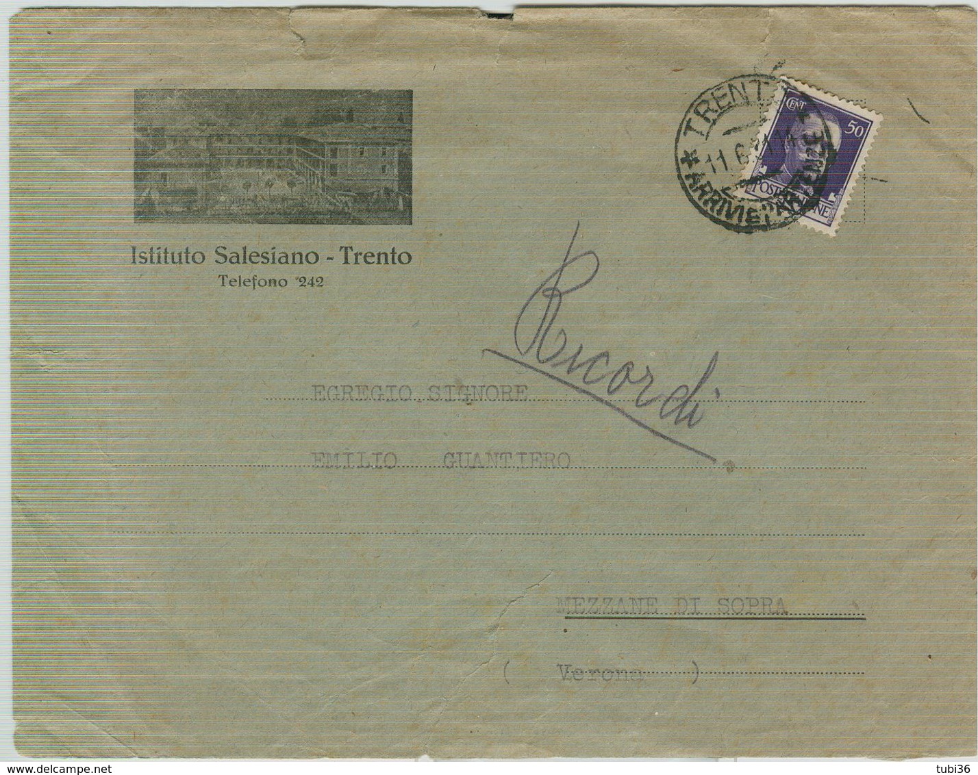 "ISTITUTO SALESIANO - TRENTO",BUSTA CON LOGO,VIAGGIATA 1931,TIMBRO POSTE TRENTO,MEZZANE DI SOTTO(VERONA), - Historical Documents