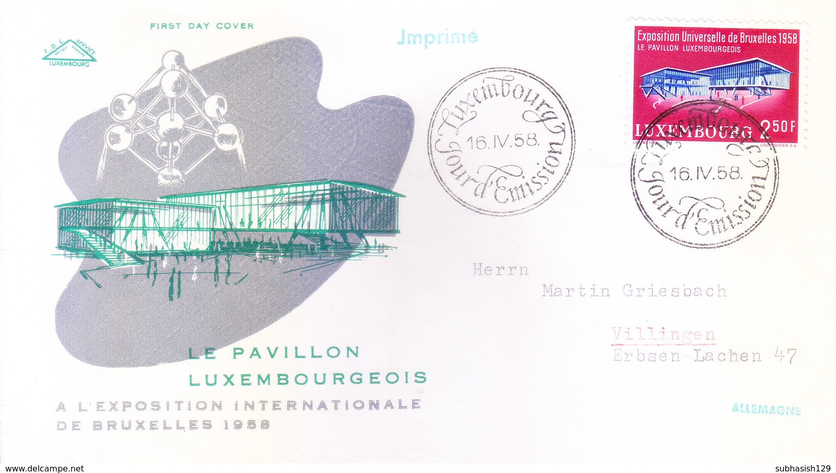 LUXEMBURG : FIRST DAY COVER, 16-04-1958 : EXPOSITION INTERNATIONAL DE BRUXELLES - Covers & Documents