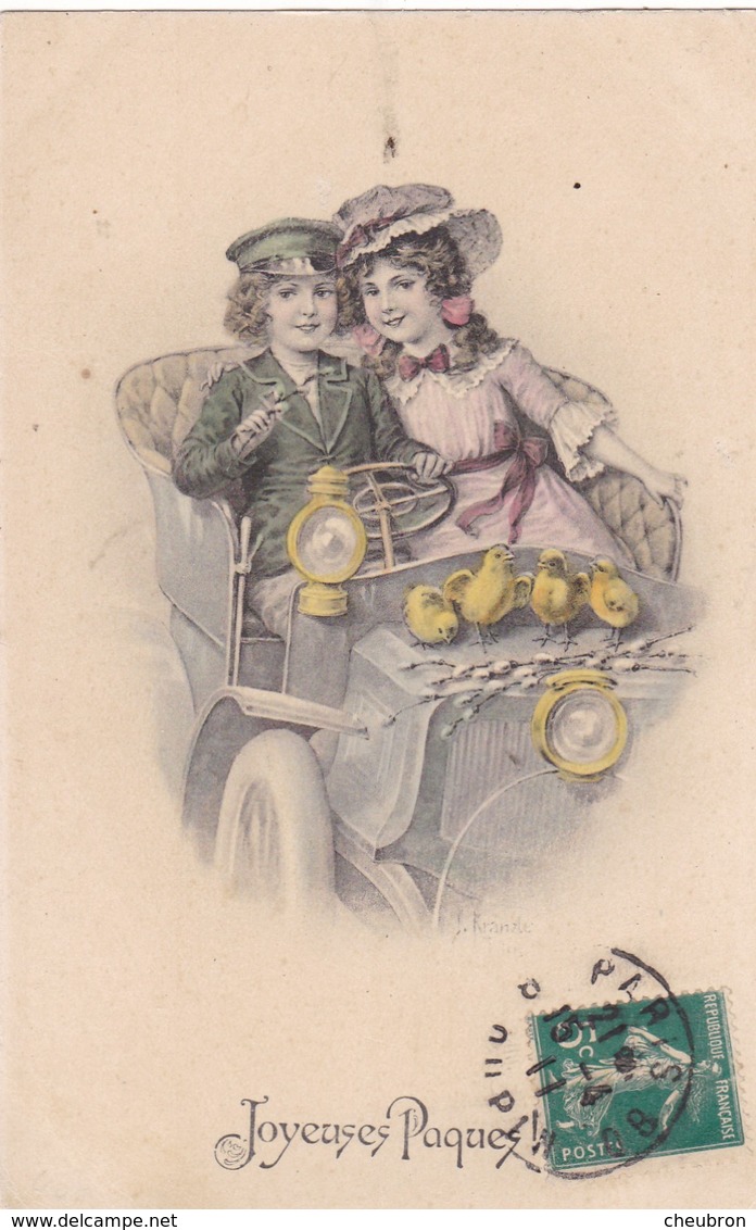 CARTE FANTAISIE CPA COLORISÉE. ILLUSTRATION KRANLE.  " JOYEUSES PÂQUES " ENFANTS EN VOITURE ET POUSSINS. ANNEE 1911 - Kraenzle