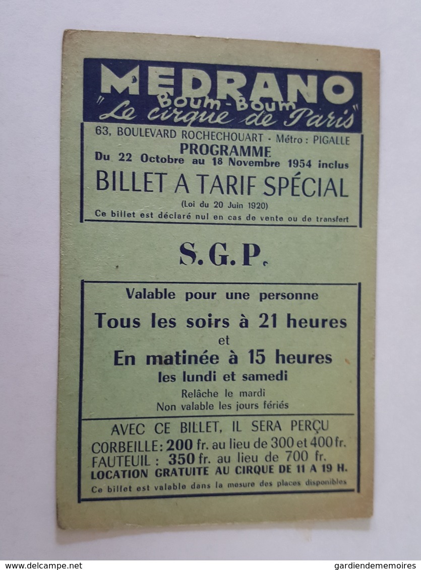 Ticket D'Entrée - Medrano, Boum Boum, Le Cirque De Paris - Billet à Tarif Spécial, S.G.P. - Tickets D'entrée