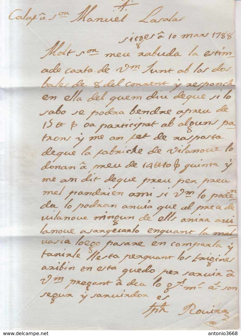 Prefilatelia Año 1788 Carta Sitges A Calaf  Marcas   Porteo 6 - ...-1850 Prefilatelia