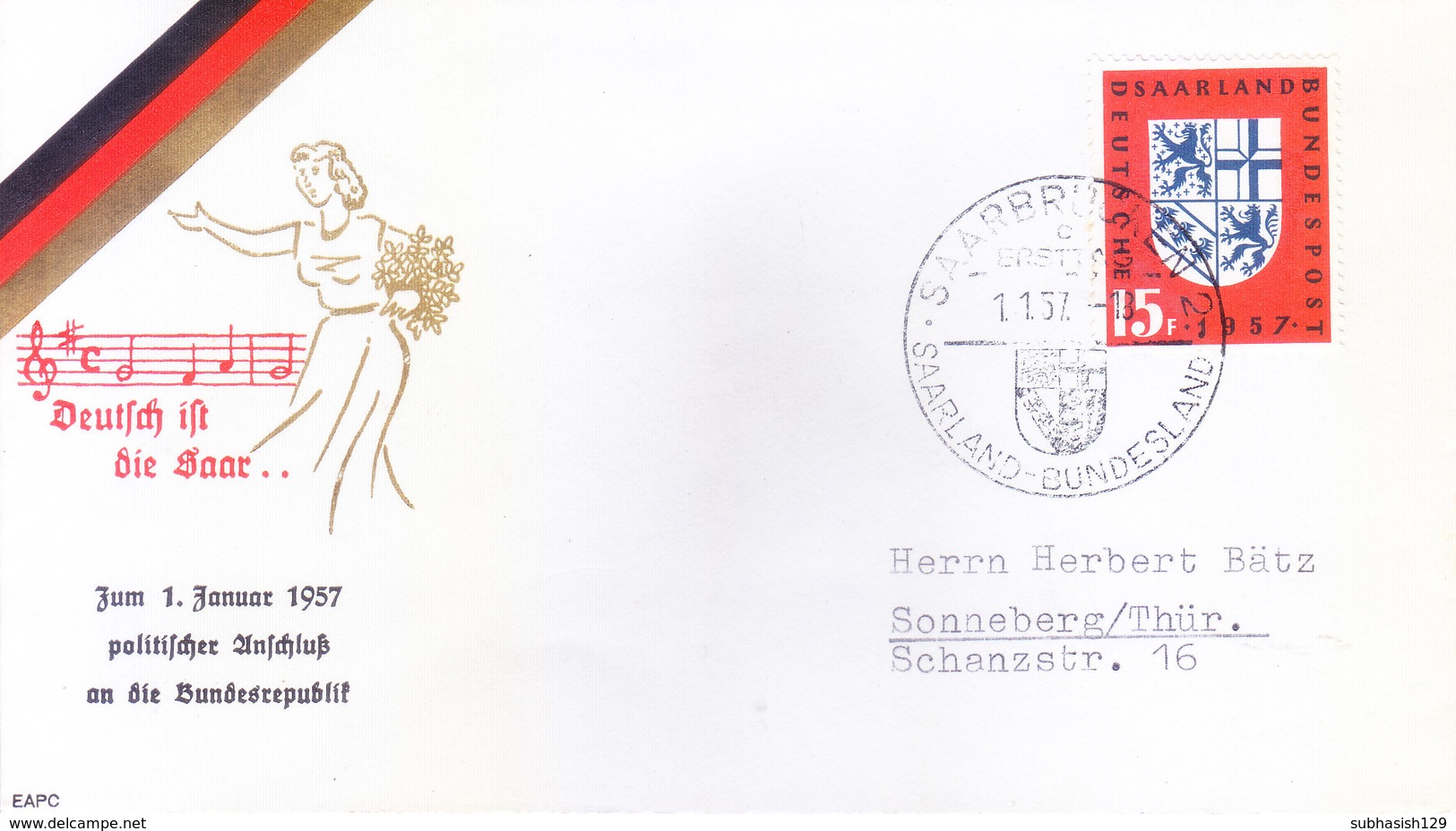 GERMANY, FEDERAL REPUBLIC : FIRST DAY COVER, 01.01.1957 : SAARLAND : DEUTFDJ IFT DIE SAAR.... , - Brieven En Documenten