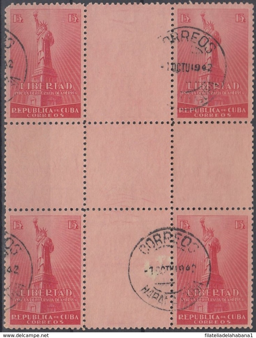 1943-88 CUBA REPUBLICA. 1943. Ed.352. 13c. WWII. ESTATUA DE LA LIBERDAD, DEFECTOS, CENTER OF SHEET. USED. - Prephilately