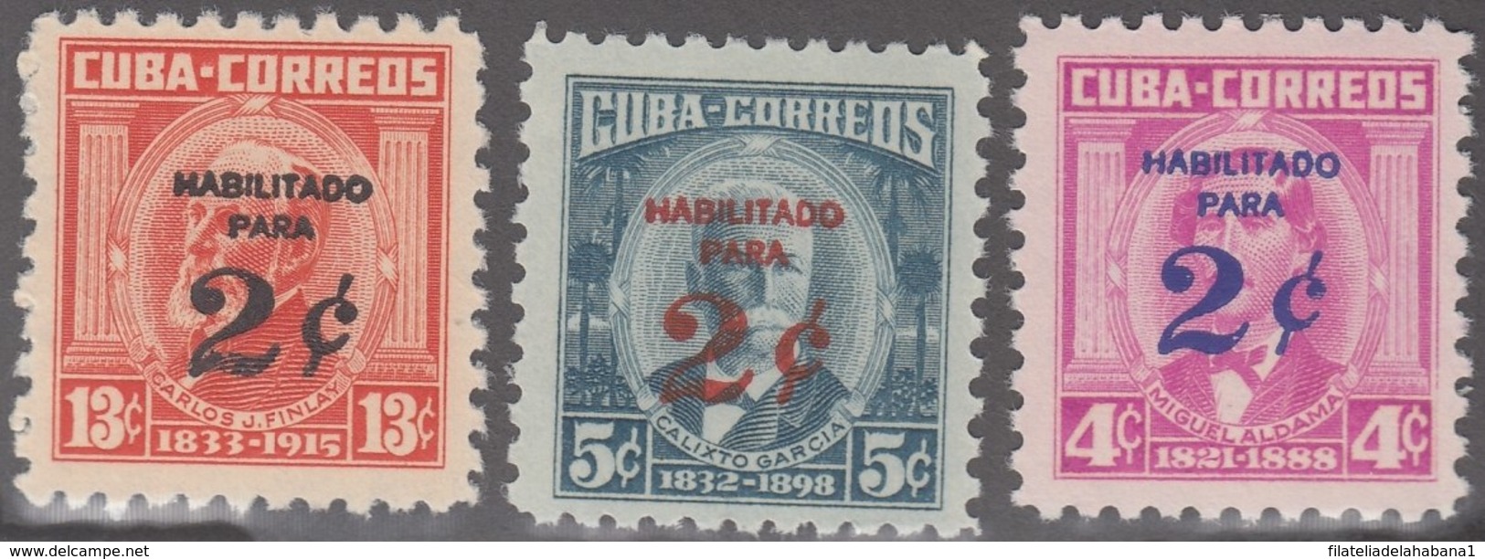 1960.276 CUBA. 1960. MH. Ed.825-27. PATRIOTAS HABILITADOS PARA 2c. MIGUEL ALDAMA, CALIXTO GARCIA, CARLOS J. FINLAY. - Prephilately