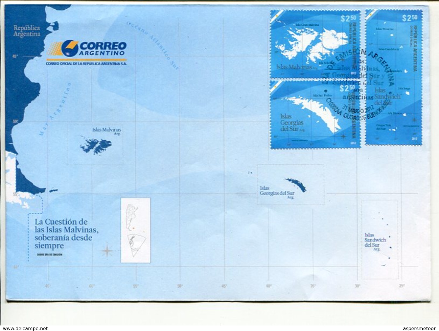 LA CUESTION DE LAS ISLAS MALVINAS, SOBERANIA DESDE SIEMPRE. ARGENTINA AÑO 2012 SOBRE DIA DE EMISION ENVELOPE FDC - LILHU - Geography