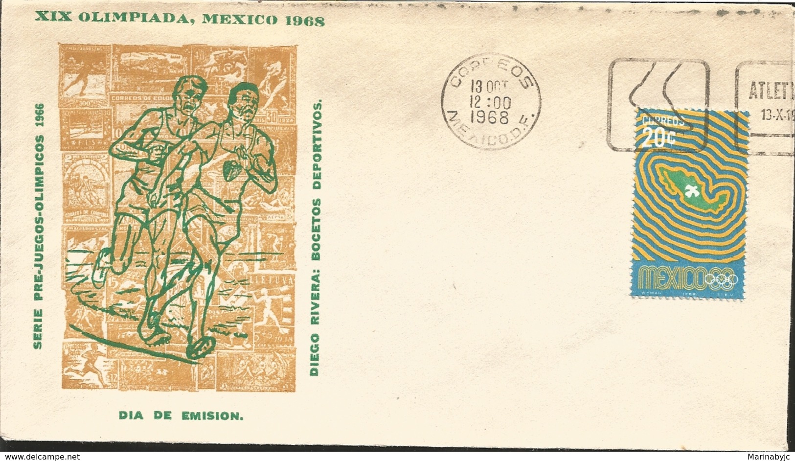 J) 1968 MEXICO, XIX OLYMPIC GAMES, OLYMPICS, MEXICO, SET, ATHLETISM, OLYMPIC PRE-GAMES, MAP AND DOVE, FDC - Mexico