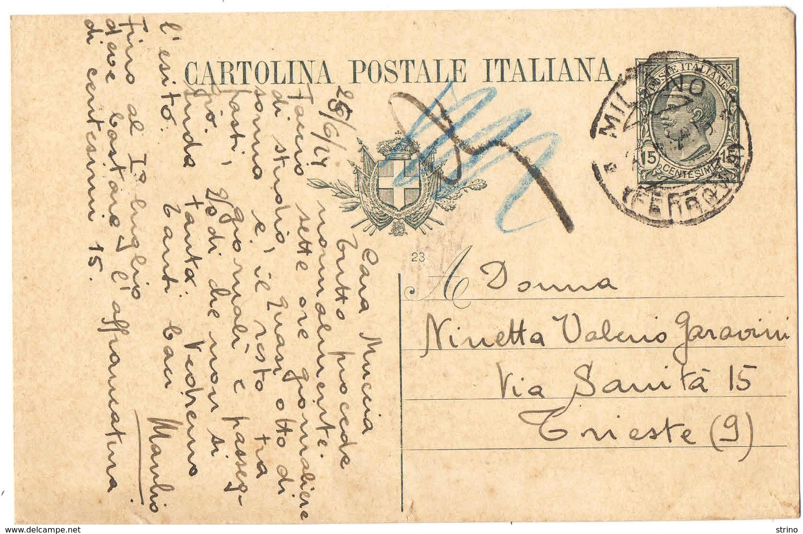 R981) V.E.III 1919 CARTOLINA POSTALE 15 CENT. LEONI MILL.23 SENZA FRANCOBOLLI AGGIUNTI - Interi Postali