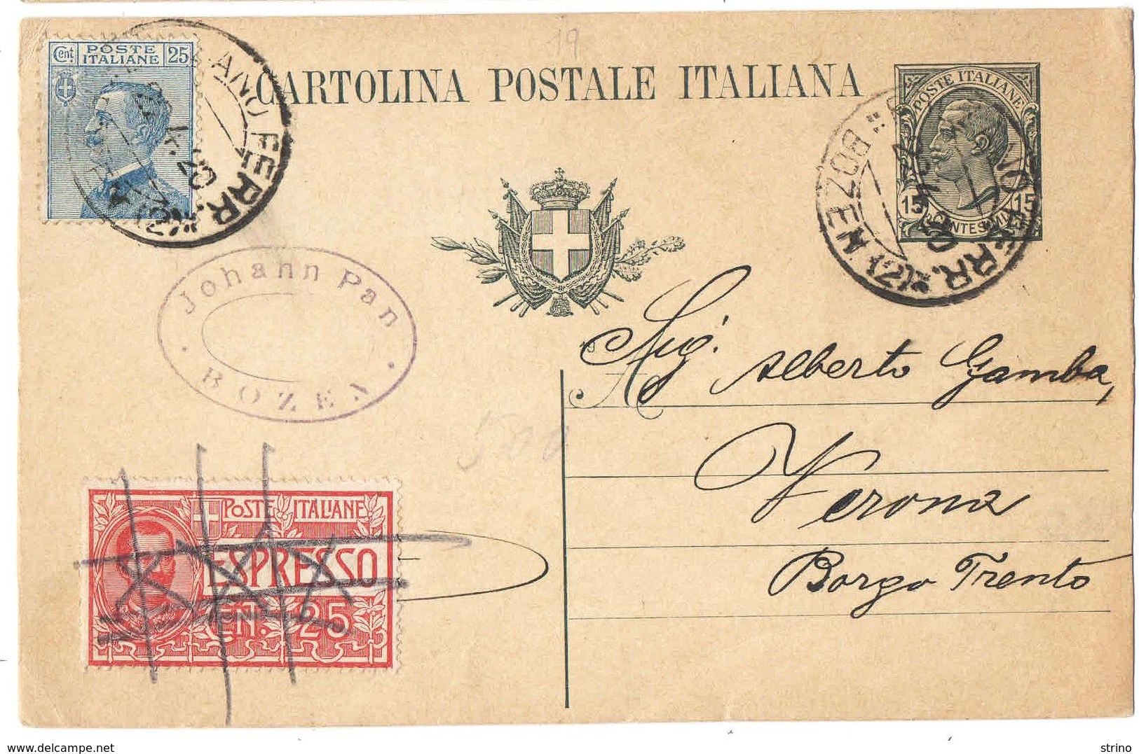 R984) V.E.III 1919 CARTOLINA POSTALE 15 CENT. LEONI MILL.19 PER ESPRESSO - Interi Postali