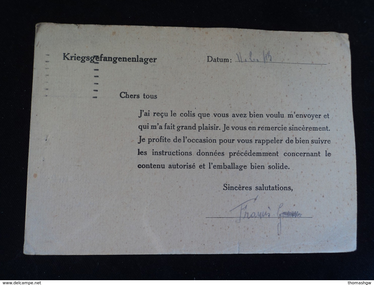 Colis CPA Stalag VIIIA Görlitz Sachsen Luneville Accusé Reception Secretariat Prisonniers De Guerre STO Oflag 1943 - Historische Dokumente