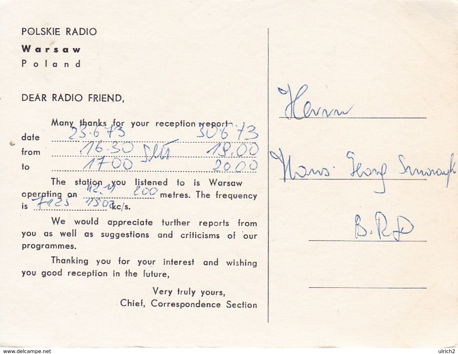 QSL-Karte Polskie Radio - Mikolaj Kopernik - Kopernikus - 1973 (40603) - Radio