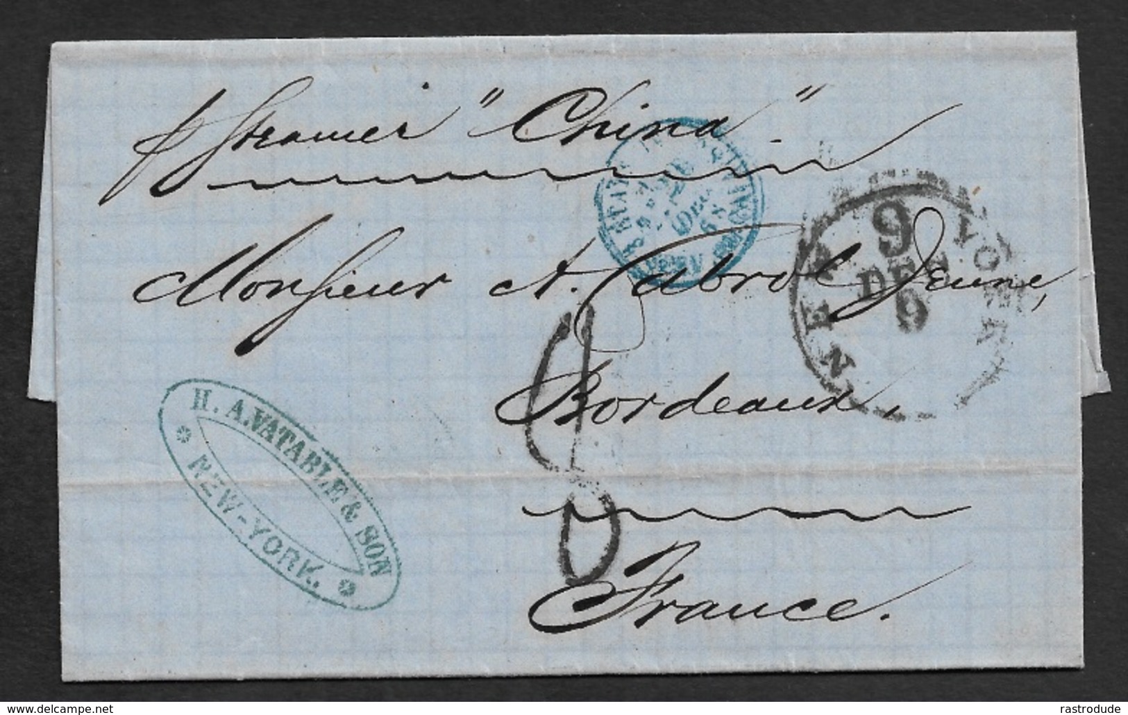 1868 LAC - NEW YORK A BORDEAUX - C.à.d " NEW YORK 9 " (HUBB/WINTER #193) - Etats Unis Serv Am Calais En Bleu - Postal History