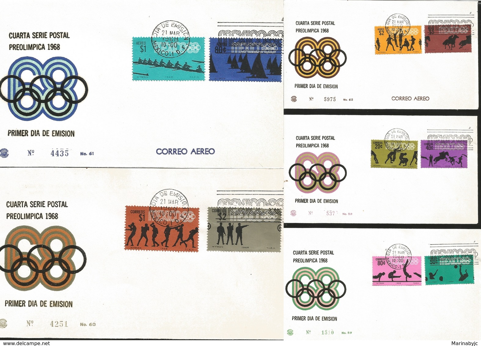 J) 1968 MEXICO, FOURTH PRE-OLIMPICAL POSTAL SERIES, BASQUETBALL, HORSE RIDING, BOXING, KAYAK, MULTIPLE STAMPS, SET OF 5 - Mexico