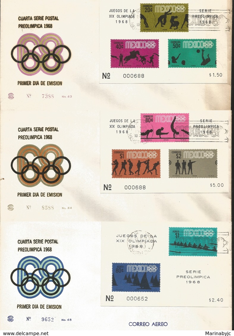 J) 1968 MEXICO, GAMES OF THE XIX OLYMPIAD, FOURTH POSTAL SERIES, PRE OLIMPIC, VELA, BOXING, SOUVENIR SHEET, SET OF 3 FDC - Mexico