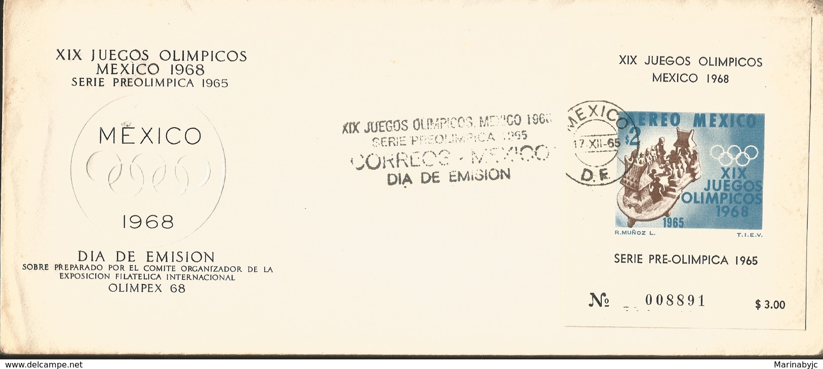 J) 1968 MEXICO, XIX OLYMPICAL GAMES, MEXICO, PRE OLIMPIC SET, SOUVENIR SHEET, FDC - Mexico