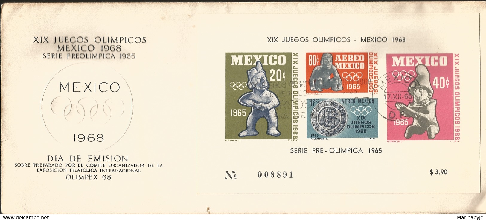 J) 1968 MEXICO, XIX OLYMPICAL GAMES, PRE OLIMPIC SET, SOUVENIR SHEET, FDC - Mexiko