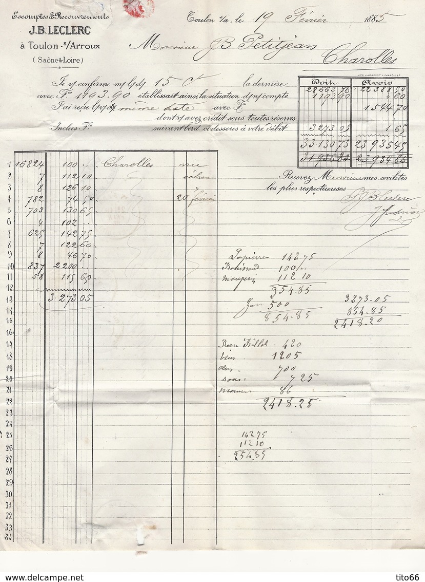 Sage 90 En Paire Sur Lettre Entête Escomptes De Recouvrement De Toulon /Arroux Vers Charolles 19/2/1885 - 1877-1920: Période Semi Moderne