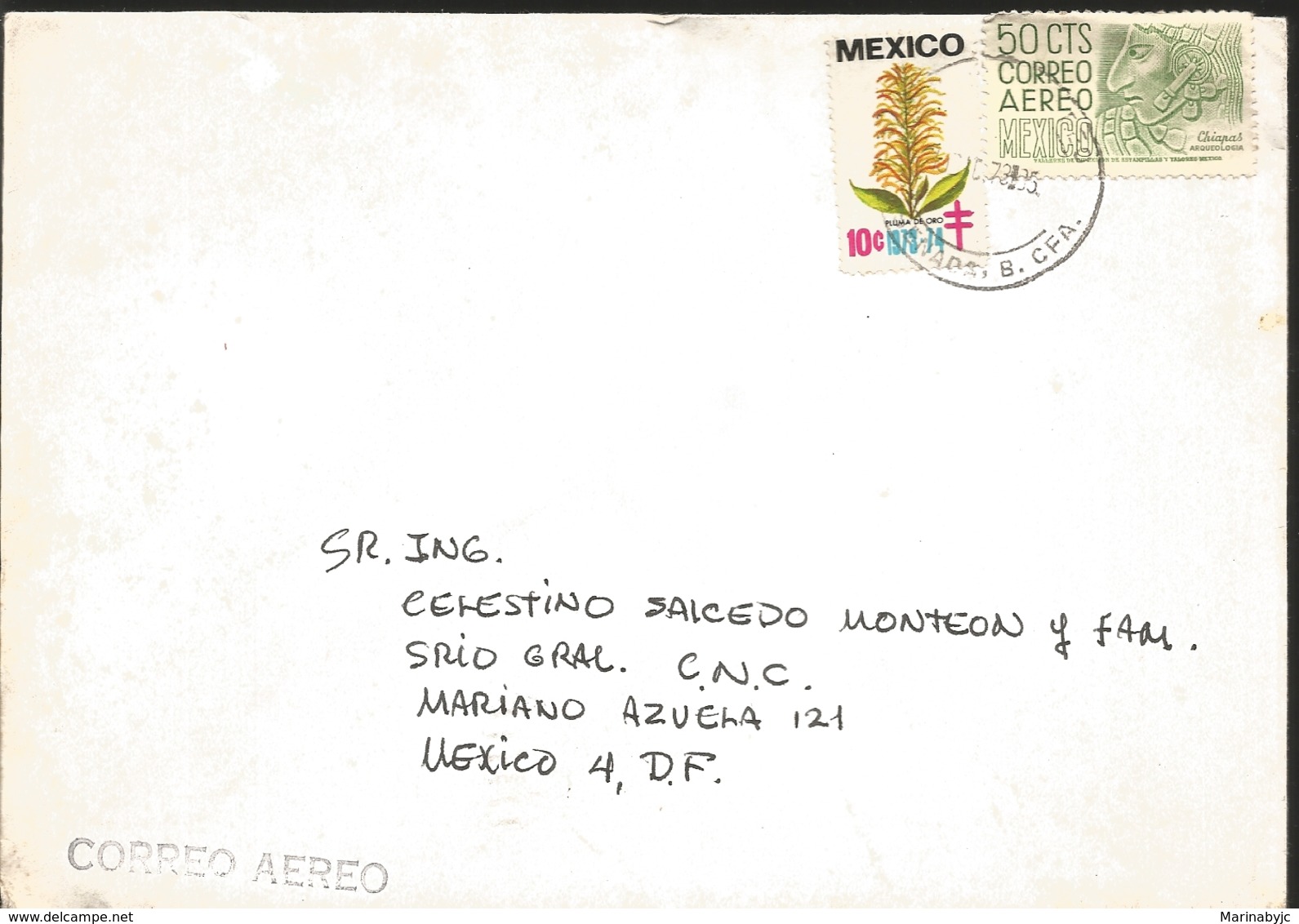 J) 1973 MEXICO, TB SEALS, GOLD PLUM, CHIAPAS ARQUEOLOGY, MULTIPLE STAMPS, AIRMAIL, CIRCULATED COVER, INTERIOR MAIL WITHI - Mexico