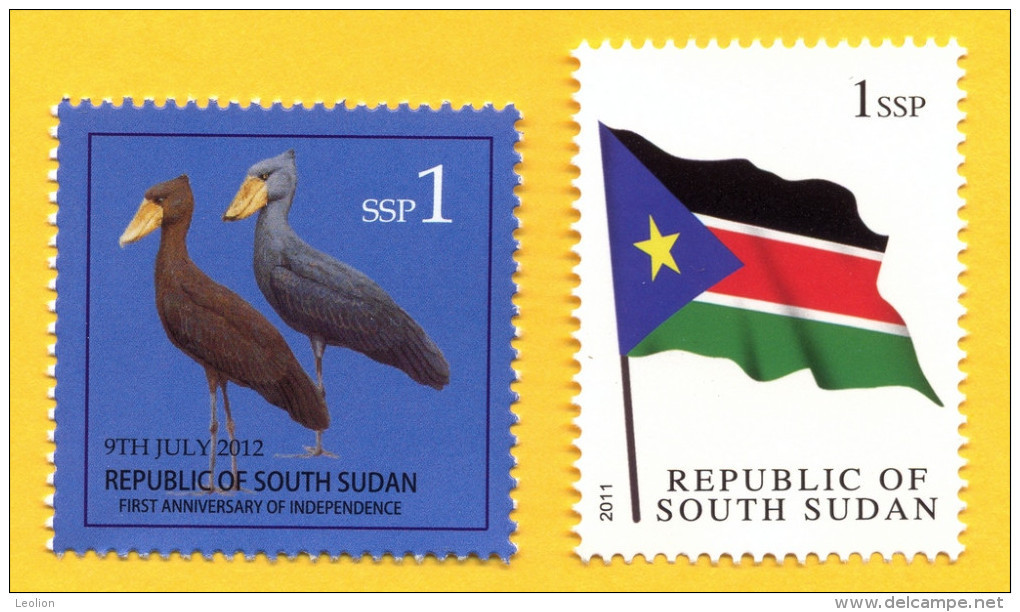 ZUID SOEDAN - South Sudan  1 SSP FLAG, 1st Set  & 1 SSP Shoe Billed Stork, 2nd Set - Zuid-Soedan