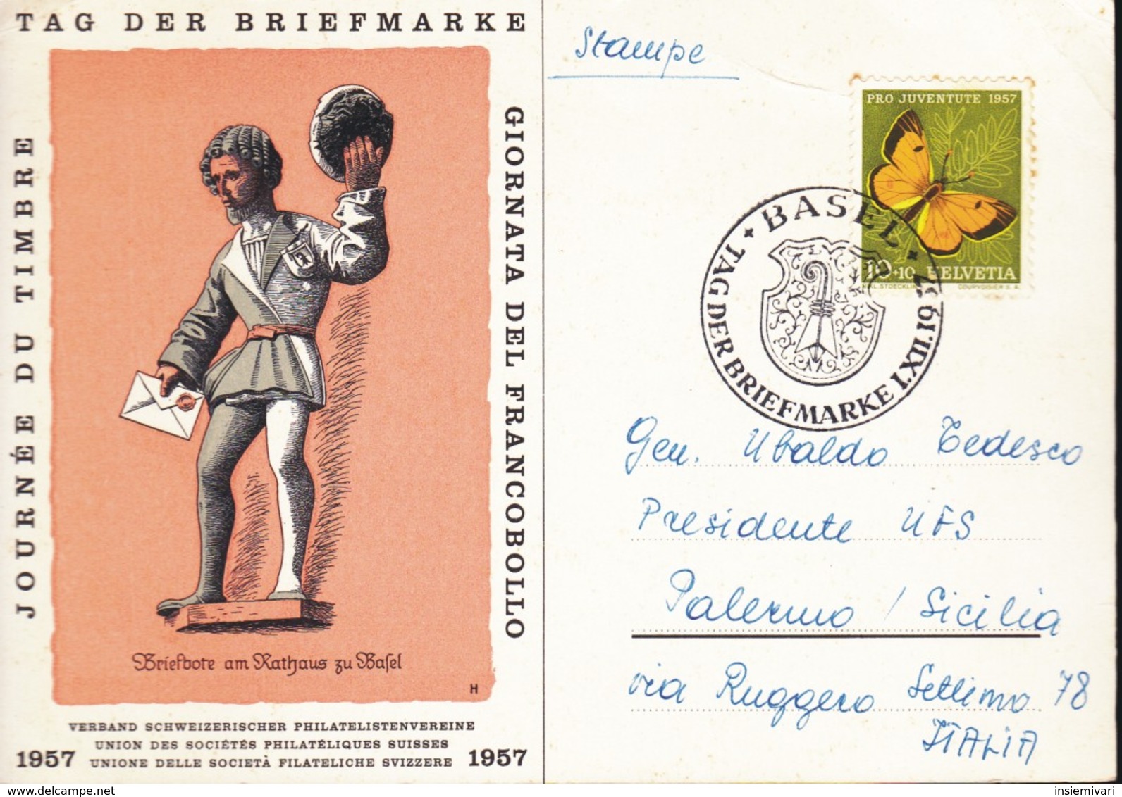 SVIZZERA -- CARTONCINO POSTALE : GIORNATA DEL FRANCOBOLLO.ANNULLO 01/12/1957. - Postmark Collection