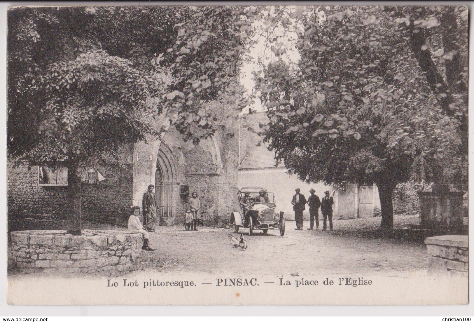 PINSAC (46) PRES SOUILLAC - LE LOT PITTORESQUE - PLACE DE L'EGLISE - ECOLIERS - AUTOMOBILE - CARTE RARE ? - 2 SCANS - - Autres & Non Classés