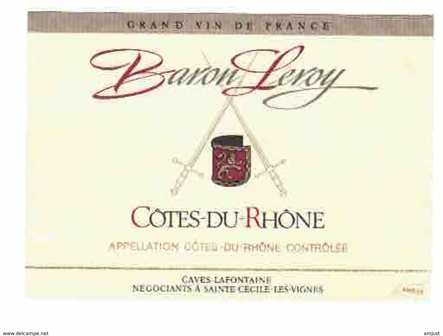 Rare Etiquette De Vin // Vin Rouge Côtes Du Rhône  // Baron Leroy - Côtes Du Rhône