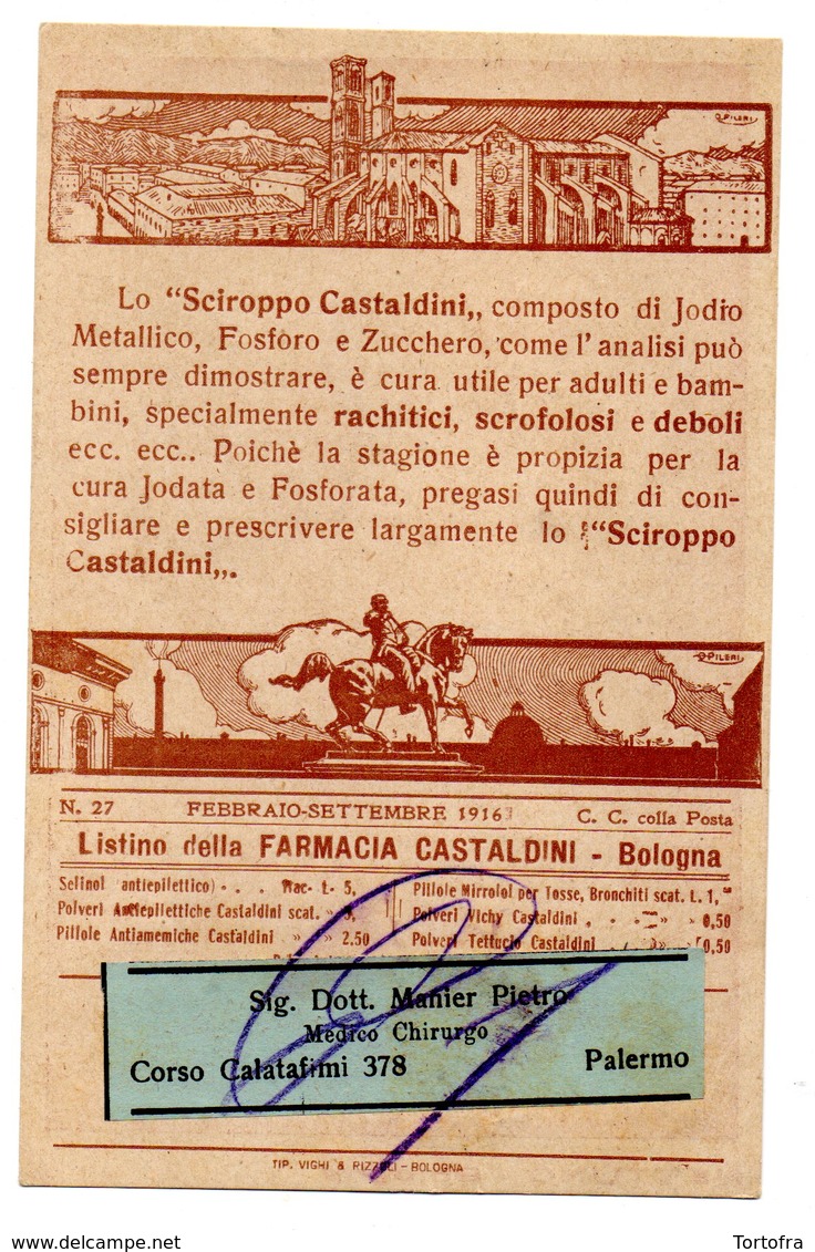 BOLOGNA NETTUNO  1916  CARTONCINO PUBBLICITARIO  DELLA FARMACIA CASTALDINI - Pubblicitari