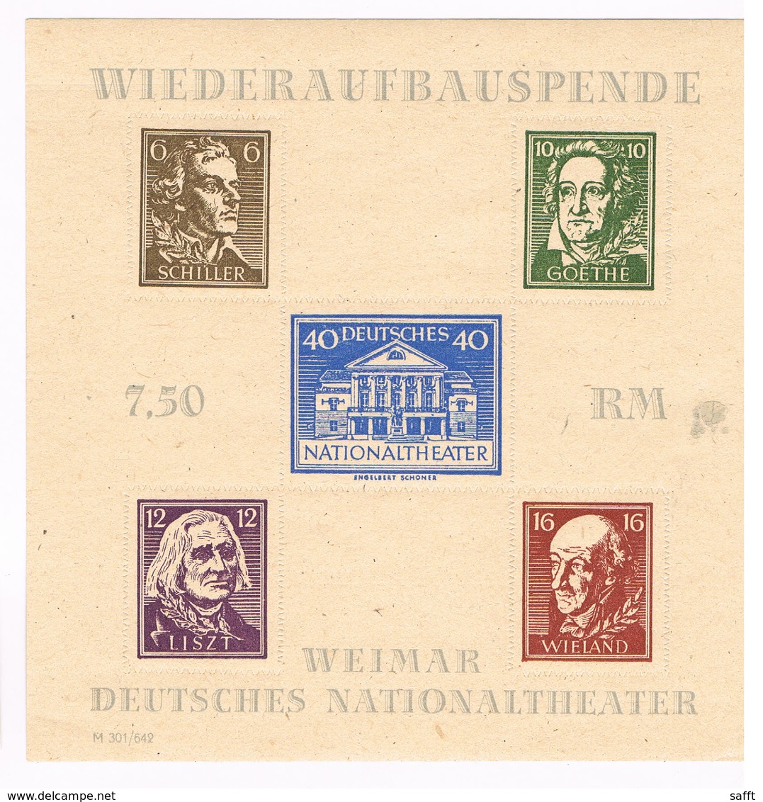 SBZ Thüringen Block 3 B Wiederaufbau Nationaltheater Durchstochen 1946 - Autres & Non Classés