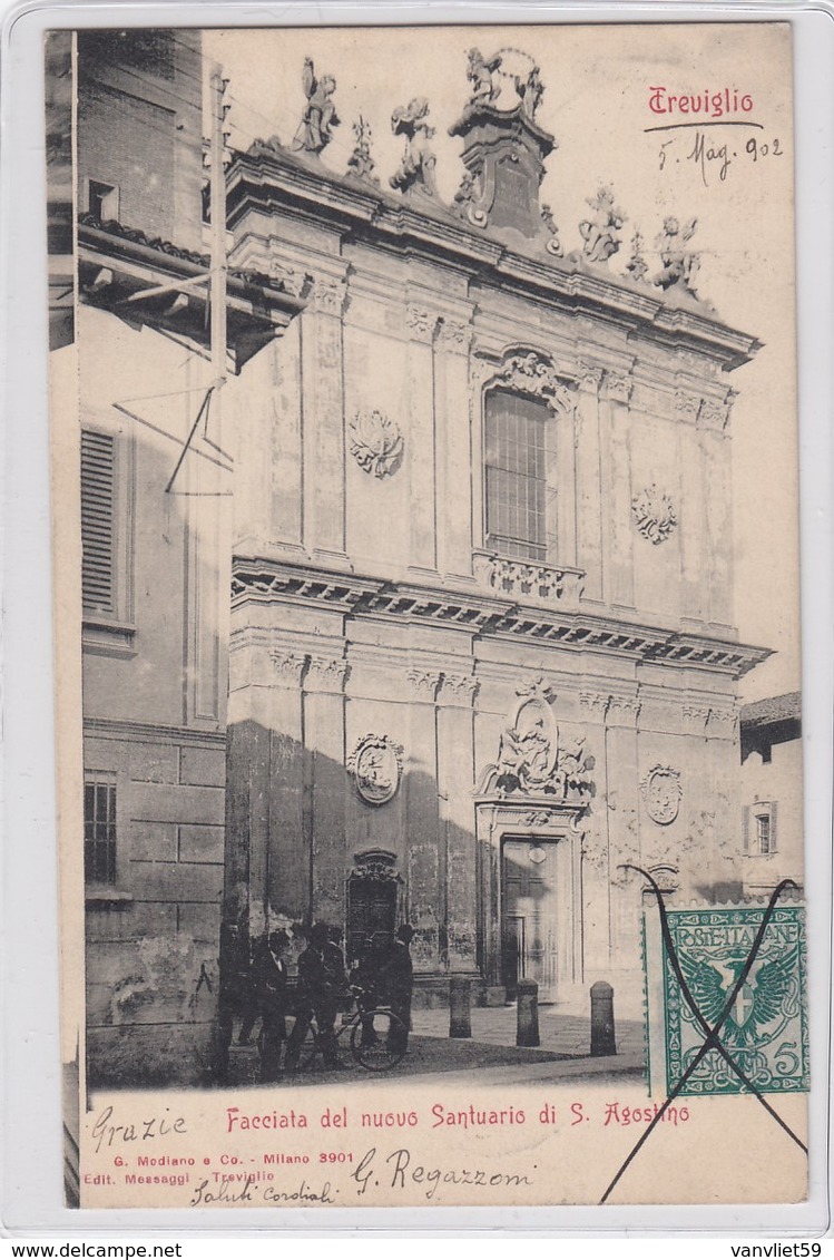 TREVIGLIO-BERGAMO-FACCIATA DEL NUOVO SANTUARIO DI S. AGOSTINO-CARTOLINA VIAGGIATA IL 5-5-1902 - Bergamo