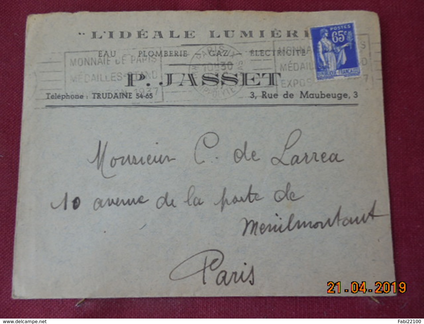 Lettre De 1937 à Destination De Paris - 1921-1960: Période Moderne