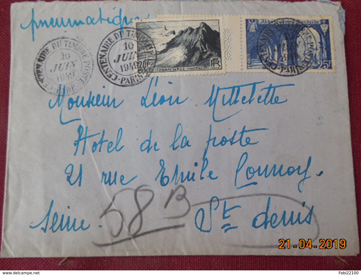 Lettre Pneumatique De 1949 à Destination De St Denis (cachet Centenaire Du Timbre) - 1921-1960: Période Moderne