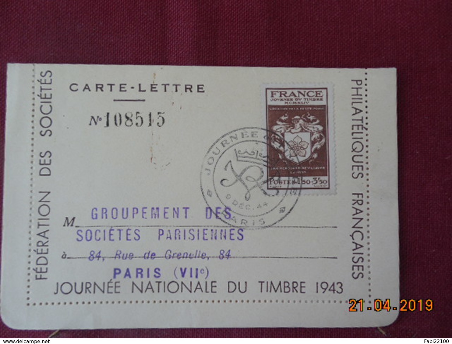 Carte Lettre De 1944 ( Journée Du Timbre) à Destination De Paris - 1921-1960: Période Moderne