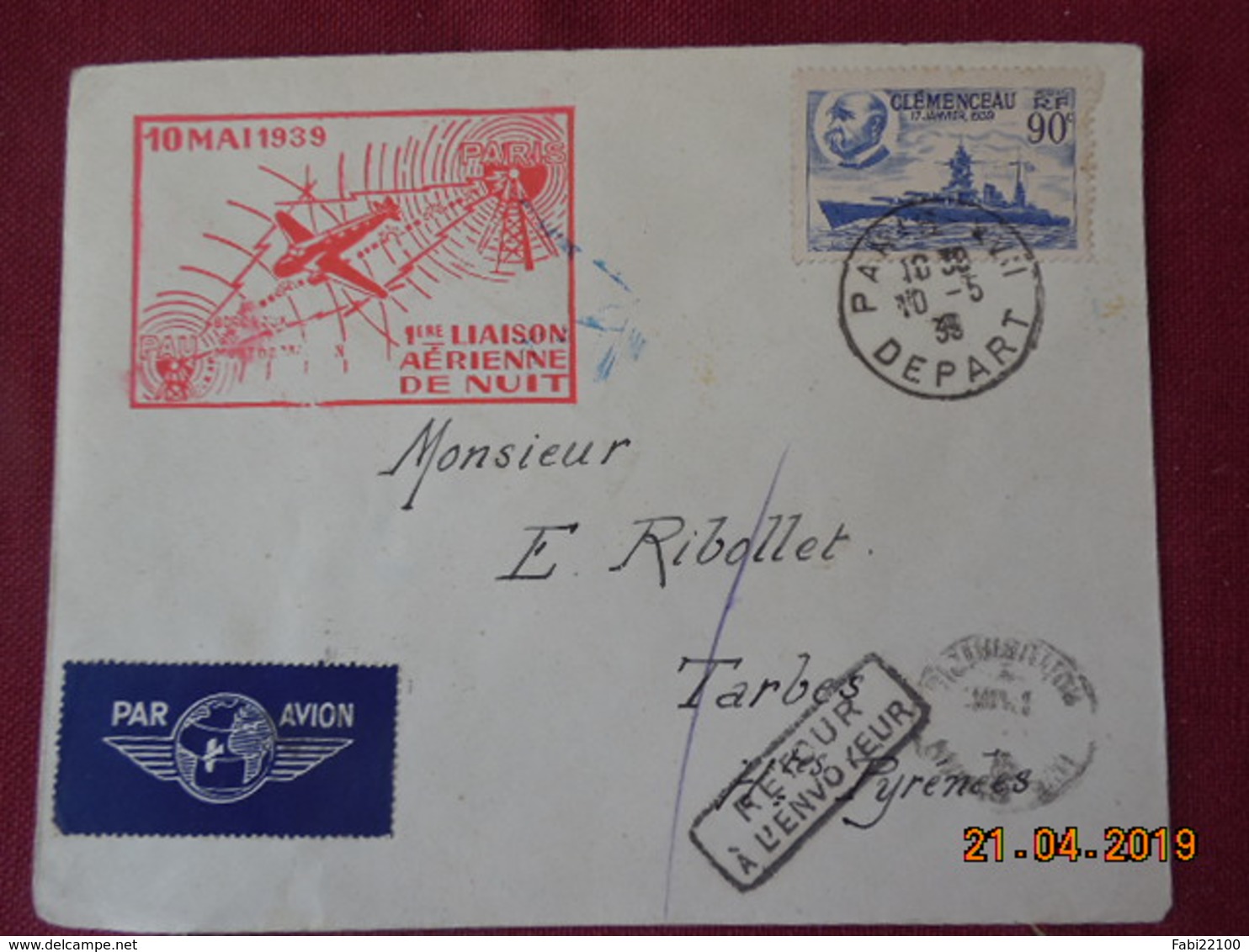 Lettre De 1939 à Destination De Tarbes ( 1ere Liaison Aérienne De Nuit) - 1921-1960: Modern Period