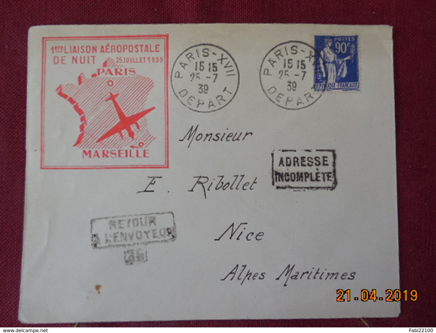 Lettre De 1939 à Destination De Nice ( 1ere Liaison Aérienne De Nuit) - 1921-1960: Modern Period