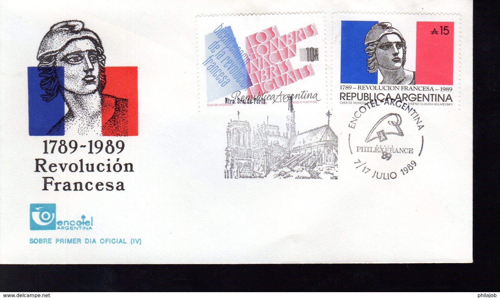 " NOTRE DAME DE PARIS / 200 ANS DE LA REVOLUTION FRANCAISE " Sur Enveloppe 1er Jour De 1989 D'Argentine. Parf état. FDC - French Revolution