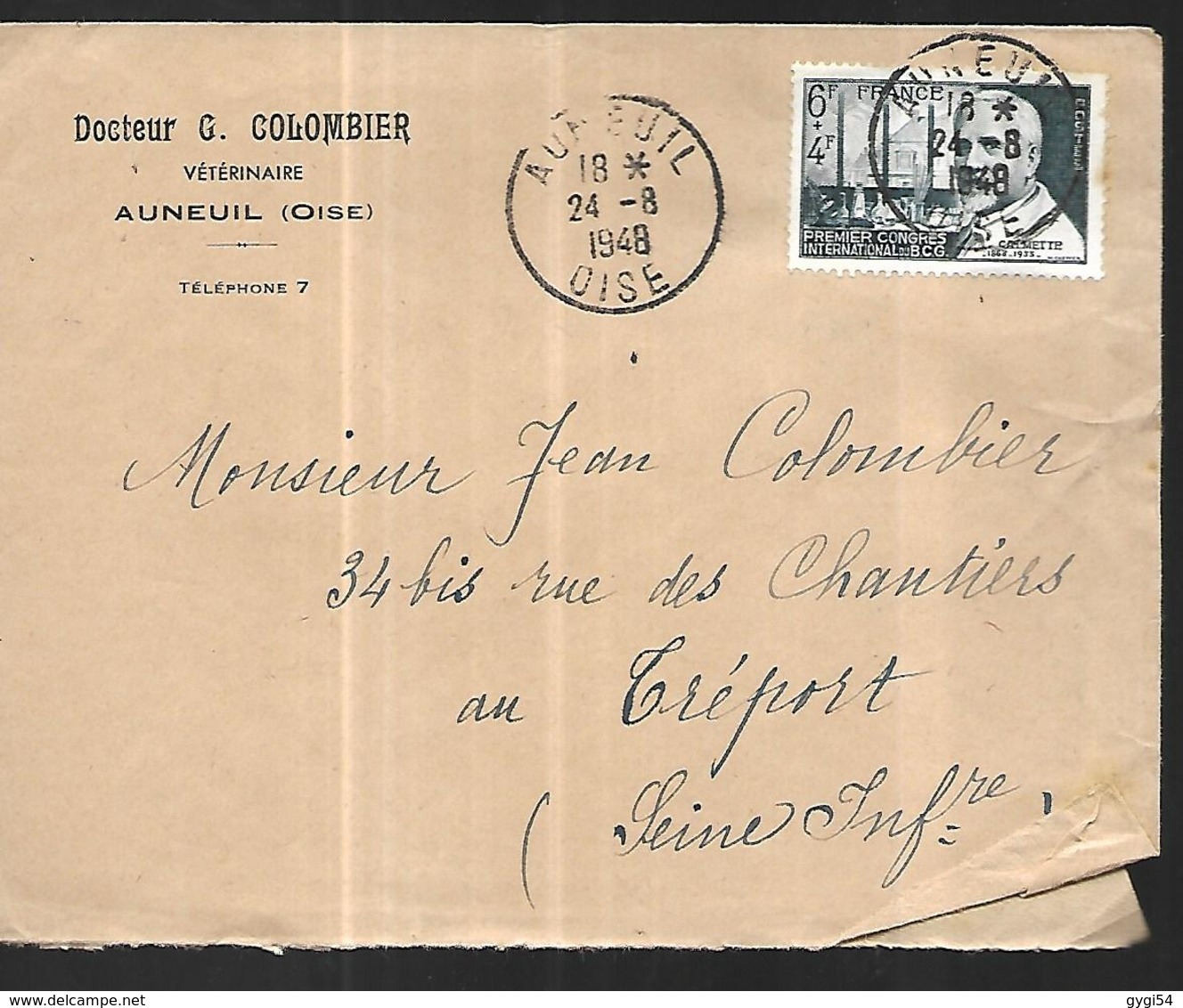 France Lettre D'un Vétérinaire  Du 24 08 1948  De Auneuil ( Oise ) Pour Le Tréport  Affranchissement   Cat Yt N° 814 - Lettres & Documents