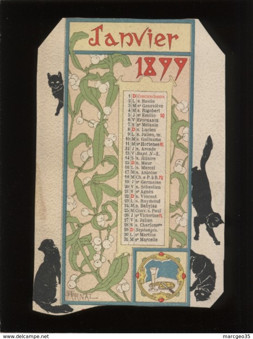 Calendrier 1899 Signé G.arnal Art Nouveau Avec Chats Noirs ,  Black Cat ,chromo-lithographie Découpée 12 Mois Séparés - Chats