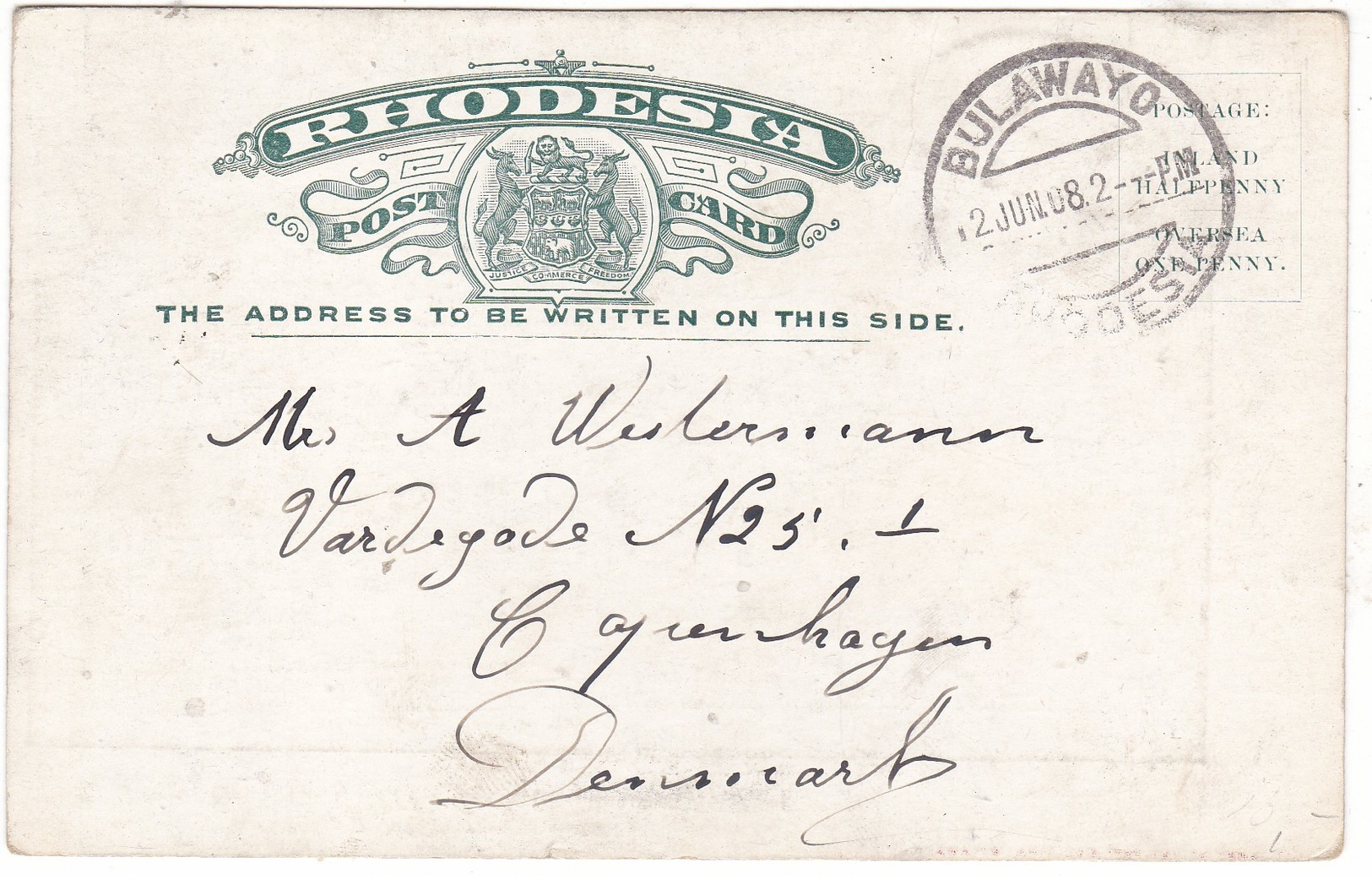 # 9728 Southern Rhodesia, Zimbabwe, Bulawayo Postcard Mailed 1908 TCV: The Agency Chambers - Zimbabwe