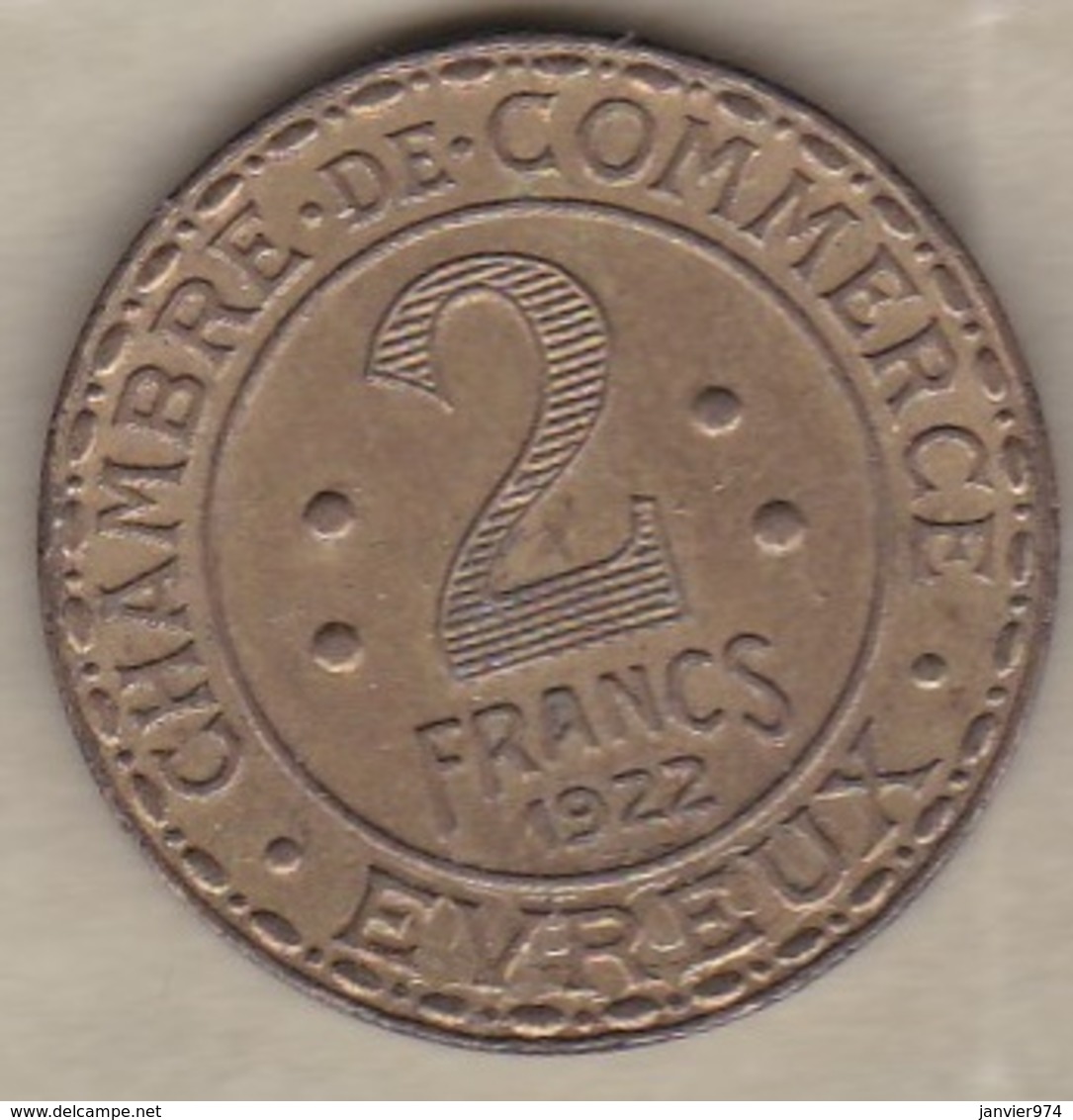 27. Eure. Chambre De Commerce Evreux 2 Francs 1922. Laiton - Monétaires / De Nécessité