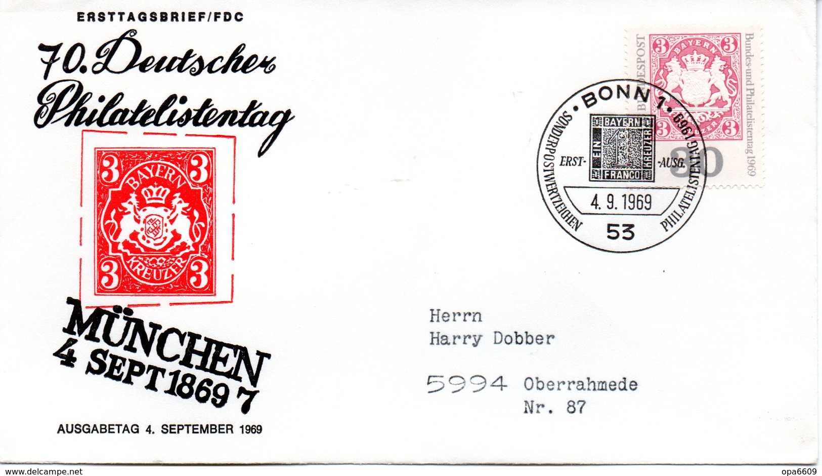 BRD Schmuck-FDC: "Philatelistentag, Garmisch-Partenkirchen", Mi.601 ESSt 4.9.1969 BONN 1 - Sonstige & Ohne Zuordnung