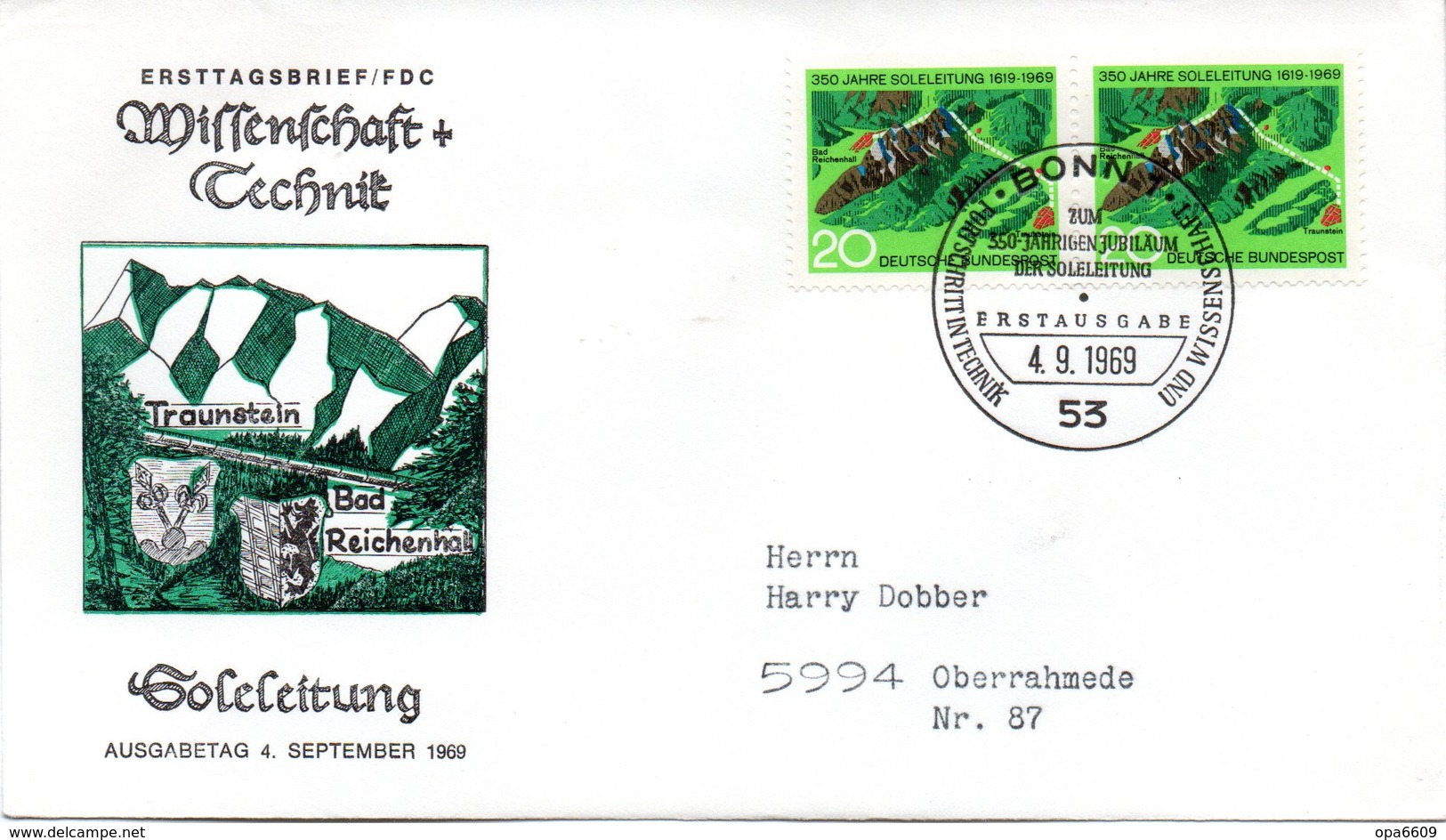 BRD Schmuck-FDC: "350 Jahre Soleleitung", Mi.2x 602 ESSt 4.9.1969 BONN 1 - Sonstige & Ohne Zuordnung