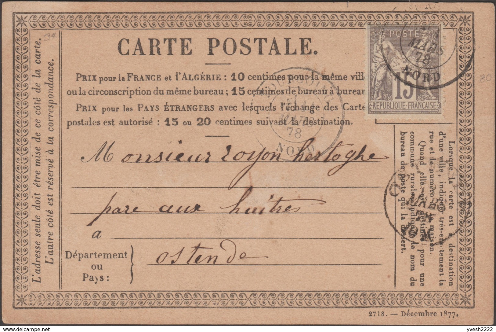 France 1877-1878 Y&T 77 Sur Carte Précurseur 34. 15 C Sur Jaune. Tourcoing à Ostende - Precursor Cards